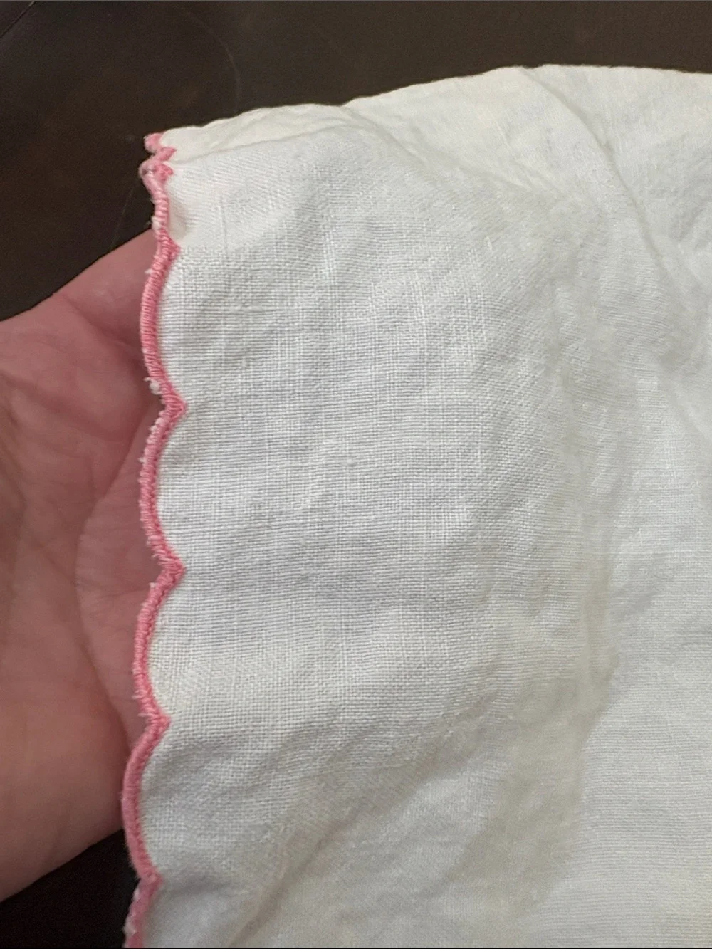 Vintage White Embroidered Linen Tablecloth with Pink Scalloped Edge